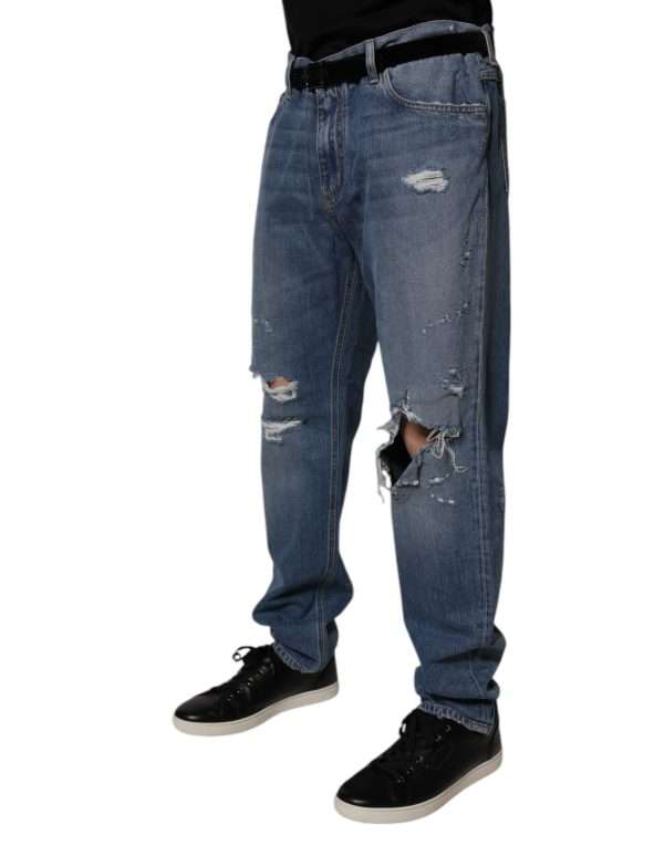 Blue Tattered Cotton Straight Denim Jeans - Image 3