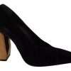 Black Leather Suede Block Heels Pumps Shoes - Image 2