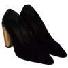 Black Leather Suede Block Heels Pumps Shoes - Image 3