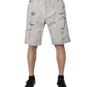 Light Gray Tattered Men Denim Bermuda Shorts
