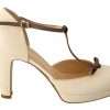 Beige T-Strap Block Heels Pumps Leather Shoes - Image 2