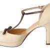 Beige T-Strap Block Heels Pumps Leather Shoes - Image 4