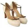 Beige T-Strap Block Heels Pumps Leather Shoes - Image 5