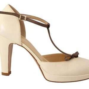 Off White Leather T-Strap Heels Sandals Shoes