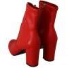 Red Leather Block Heels Ankle Boots Shoes - Image 2