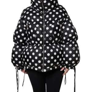 Black White Polka Dot Full Zip Puffer Jacket