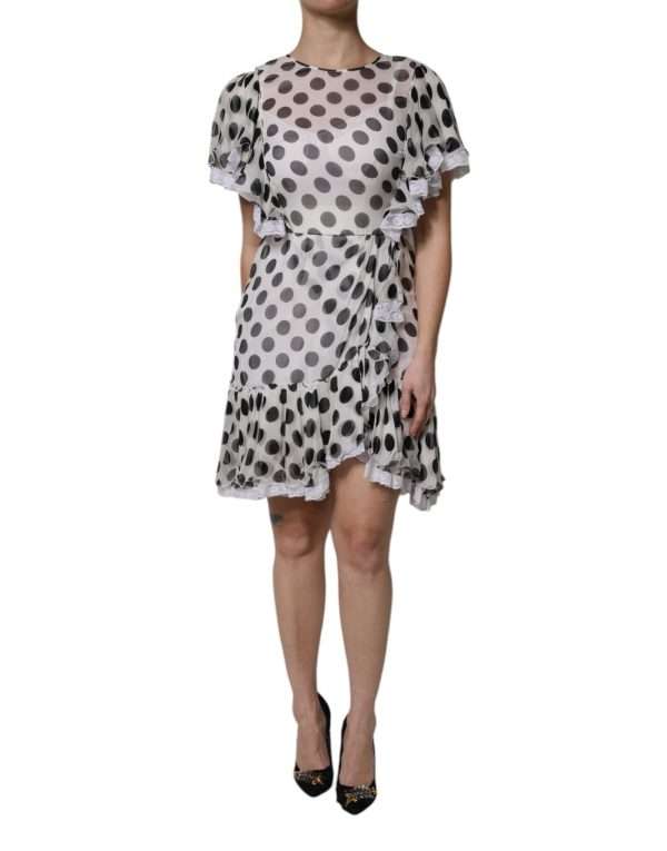 White Polka Dotted Silk Blend A-line Dress - Image 2