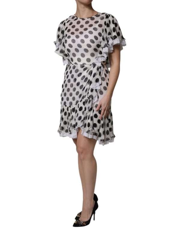 White Polka Dotted Silk Blend A-line Dress - Image 3