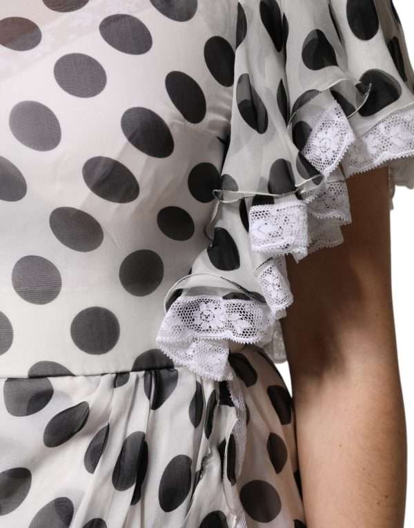 White Polka Dotted Silk Blend A-line Dress - Image 7
