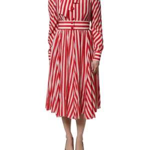 White Red Stripes Long Sleeves Midi Dress