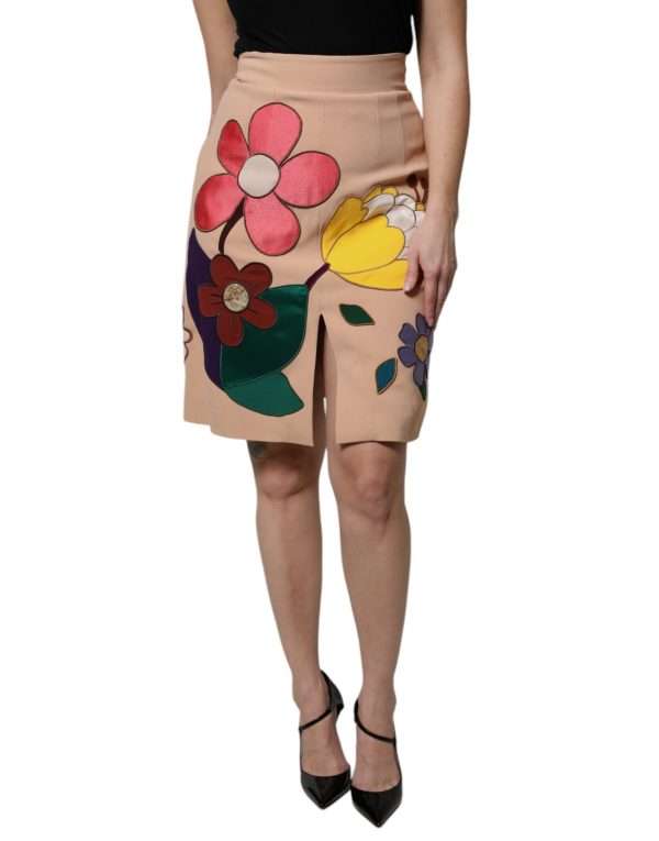 Beige Floral High Waist Pencil Cut Skirt - Image 2