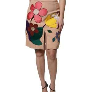 Beige Floral High Waist Pencil Cut Skirt