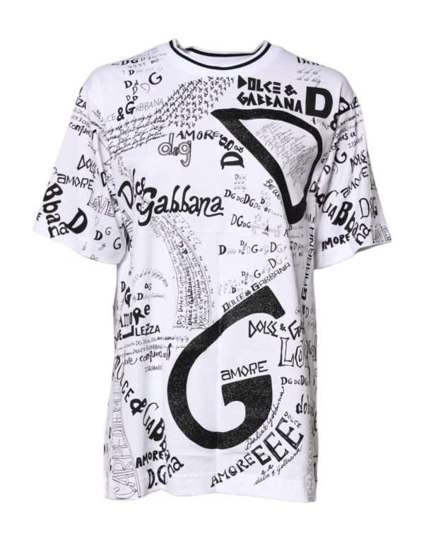 White Graffiti Print Cotton Crew Neck T-shirt - Image 2