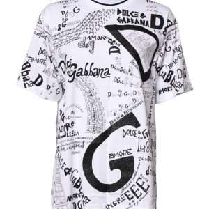 White Graffiti Print Cotton Crew Neck T-shirt