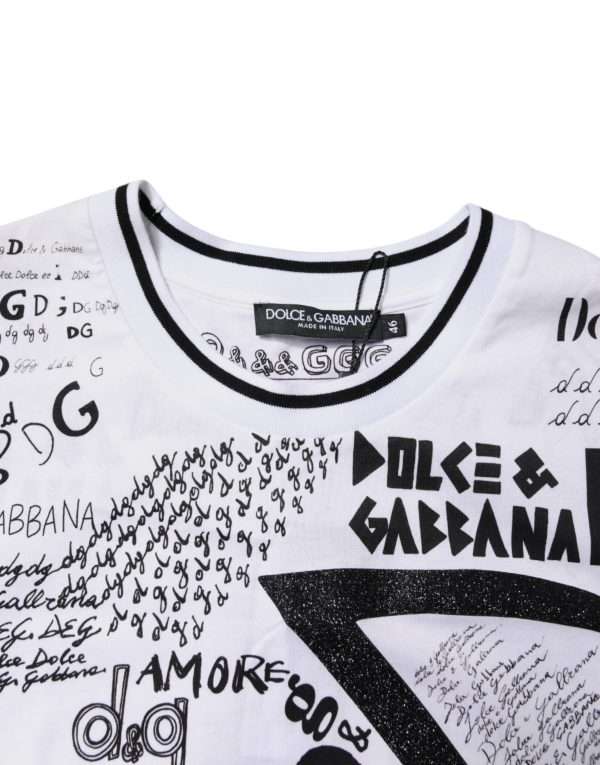 White Graffiti Print Cotton Crew Neck T-shirt - Image 5