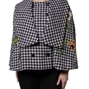 Black White Monochrome Patterned Floral Cape Jacket