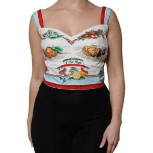 White Vegetable Print Sweetheart Cropped Top