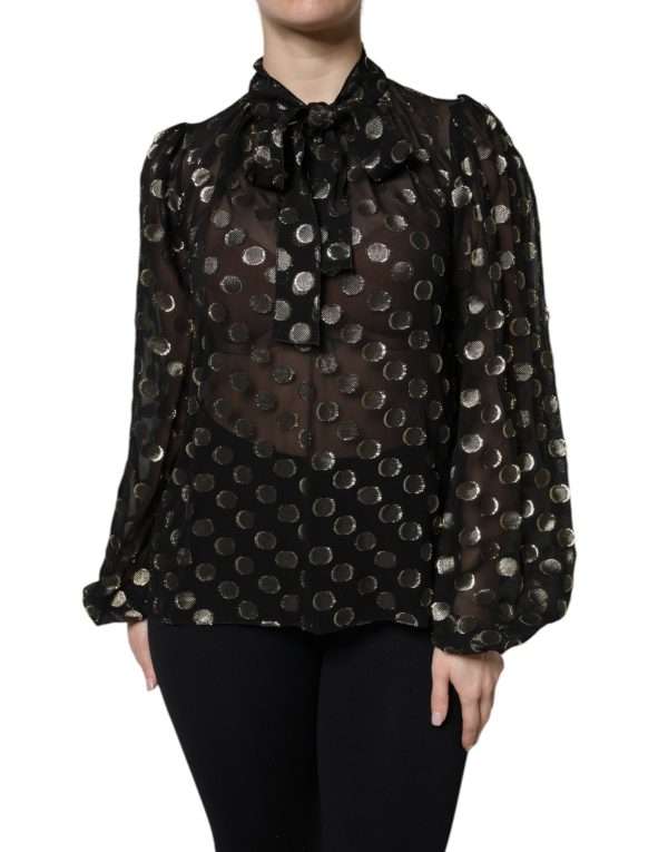 Black Sheer Tied Neck Polka Dots Blouse Top - Image 2