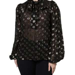 Black Sheer Tied Neck Polka Dots Blouse Top