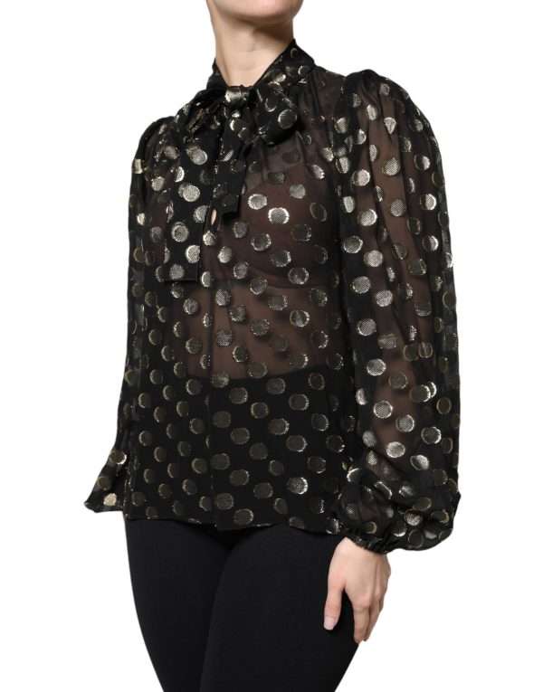 Black Sheer Tied Neck Polka Dots Blouse Top - Image 3