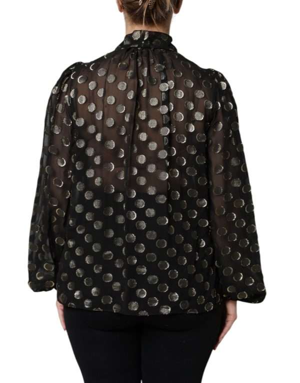 Black Sheer Tied Neck Polka Dots Blouse Top - Image 4