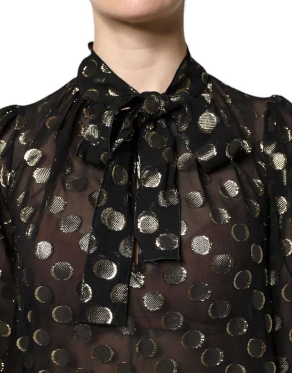 Black Sheer Tied Neck Polka Dots Blouse Top - Image 6