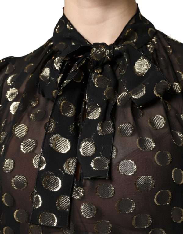 Black Sheer Tied Neck Polka Dots Blouse Top - Image 7