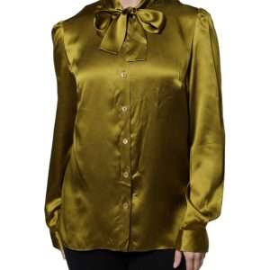 Olive Green Ascot Collar Long Sleeve Blouse Top