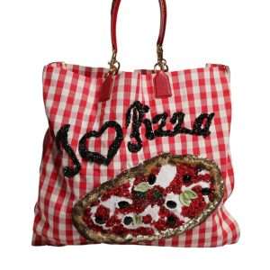 Red Checkered Embellished Shopping Tote Cotton Bag