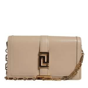 Beige Gold Chain Calf Leather Wallet Crossbody Bag