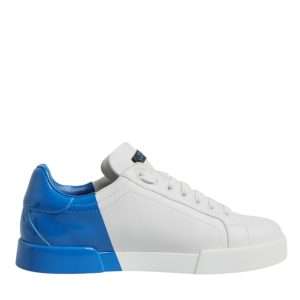 White Blue Leather Logo Low Top Sneakers Shoes