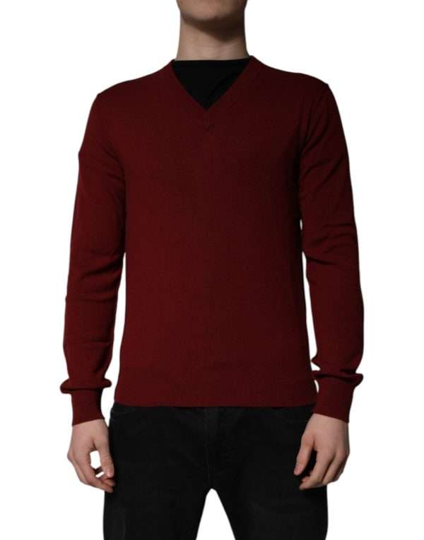 Maroon Cashmere V-neck Men Pullover Sweater - Image 2