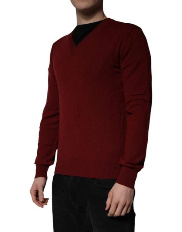 Maroon Cashmere V-neck Men Pullover Sweater - Image 3
