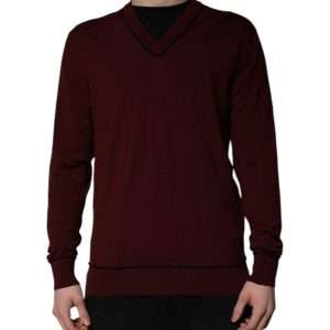 Maroon Cashmere V-neck Men Pullover Sweater