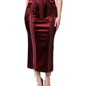 Burgundy High Waist Satin Corset Midi Skirt