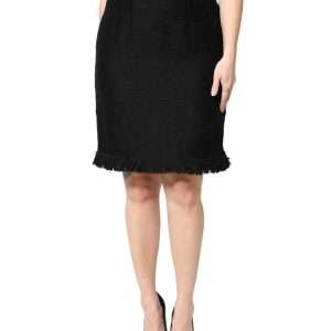 Black Wool Fringe High Waist Pencil Mini Skirt