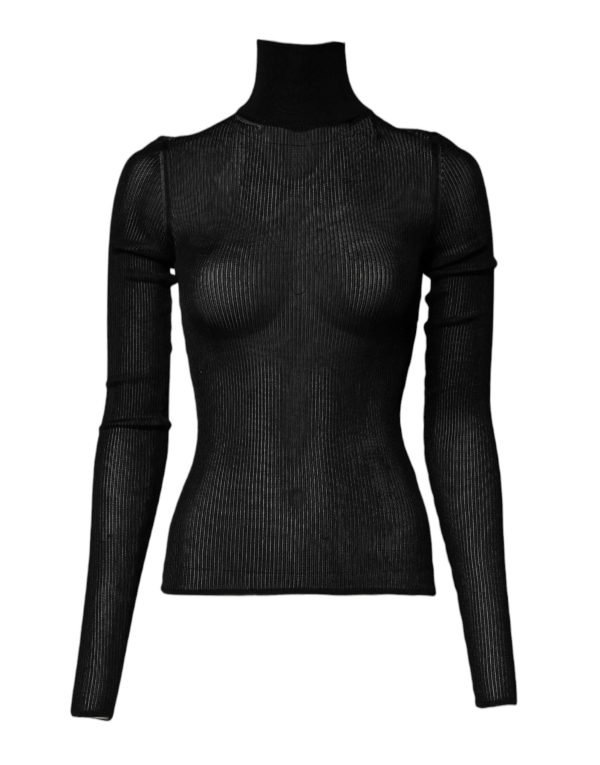 Black Knit Long Sleeves Turtleneck Slim Top - Image 2