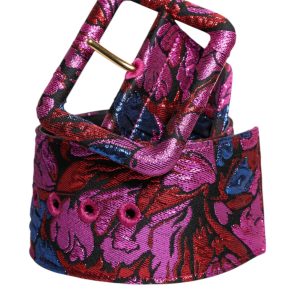 Multicolor Floral Jacquard Lurex Wide Waist Buckle Belt