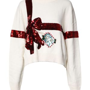 White Sequined Crew Neck Pullover Sweater
