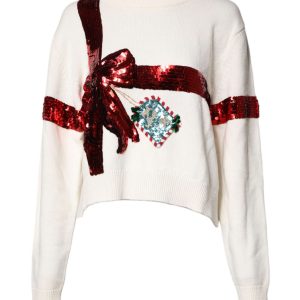 White Sequined Crew Neck Pullover Sweater