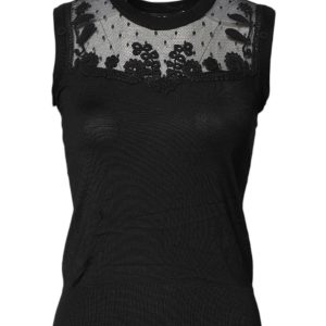 Black Lace Sheer Crew Neck Sleeveless Top
