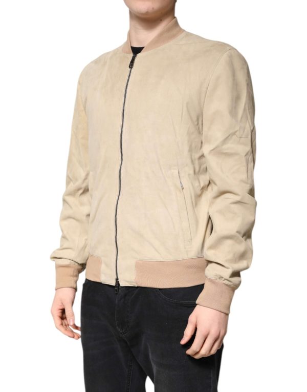 Beige Lambskin Full Zip Men Bomber Jacket - Image 3