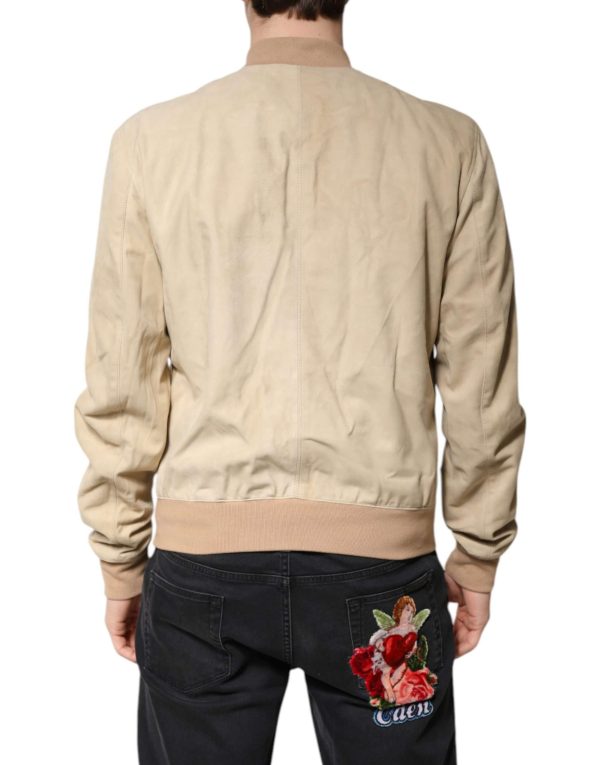 Beige Lambskin Full Zip Men Bomber Jacket - Image 4