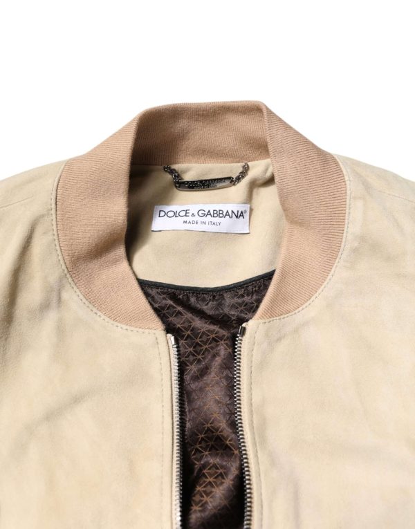 Beige Lambskin Full Zip Men Bomber Jacket - Image 5
