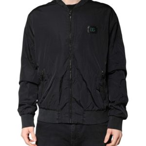 Black Nylon Logo Full Zip Bomber Jacket