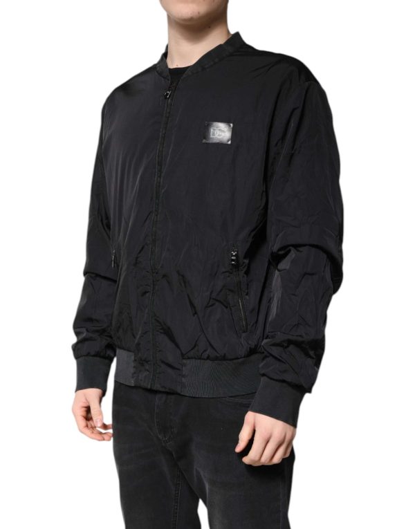 Black Nylon Logo Full Zip Bomber Jacket - Image 3