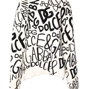 White Black Logo Print Women Pullover Sweater