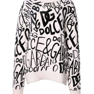 White Black Logo Print Women Pullover Sweater