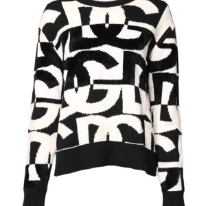 White Black Logo Print Women Pullover Sweater