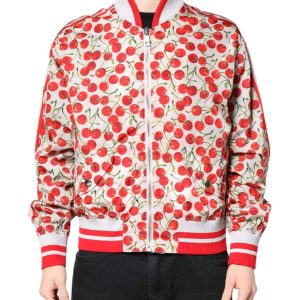 White Cherry Print Full Zip Bomber Jacket